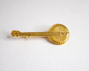 Broche banjo vintage dorée, bijoux sur le thème des instruments de musique, cadeau unique pour musiciens et collectionneurs