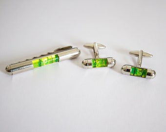 Unique Craftsman's Spirit Level Cufflink and Tie Clip Set - Green Liquid-Filled, Functional Tool Design