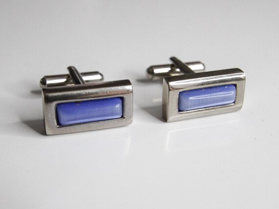 Silver Rectangular Cufflinks – Blue Inlay, Classi… - image 1