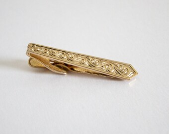 Vintage Nippy-Clip goudkleurige dasspeld - ingewikkeld Scrollwork-ontwerp, gemaakt in Engeland, lichtgewicht, uitstekende staat