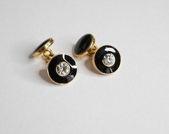 Gemelli vintage in smalto nero color oro con centro in cristallo
