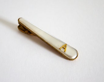 Vintage Mother of Pearl Tie Clip with Initial 'A' - Classic Personalized Men's Accessory