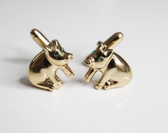 Pig Cufflinks with Green Stone Eyes