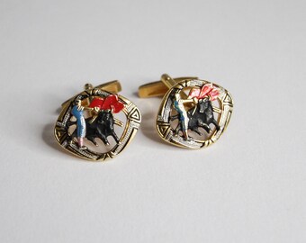 boutons de manchette torero vintage dorés avec détails en émail
