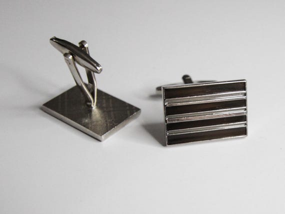 Silver Striped Rectangular Cufflinks – Modern Men… - image 3
