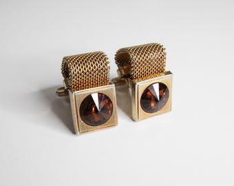 Boutons de manchette vintage en maille dorée avec cristal ambré - Design carré rétro pour homme