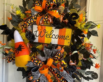 Halloween Candy Corn  front door, Halloween front door,  Falloween  wreath, Oktoberfest front door wreath, Summerween decor
