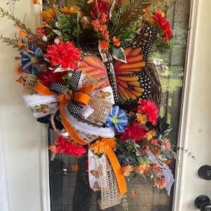 Monarch  butterfly wreath, Butterfly front door,  Summer floral and butterfly front door, Butterfly wreath, Monarch butterfly decoration