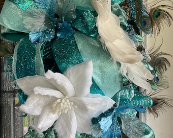 Peacock wreath front door, Summer floral Front door,  Turquoise  wreath,  Summer floral Evergreen,  Bundle Decorate in Style
