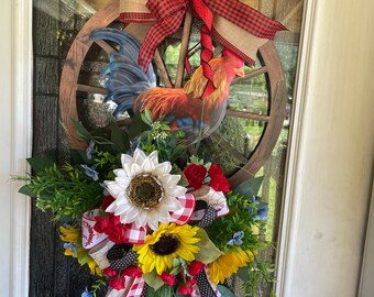 Country Rooster wreath, FarmhouseRooster front door,  Summer farmhouse wreath, Everyday Rooster front door, Wood Wheel door hanger