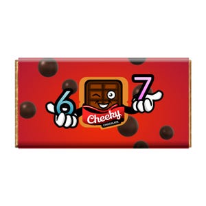 May include: A chocolate bar with a red background featuring a cartoon chocolate character. The character has a winking eye and a smiling mouth. The numbers 6 and 7 are on either side of the character. The words "Cheeky Chocolate" are below the character.