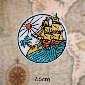 Iron on Patch Boat Ship Pirate Palm Tree Traveler Patches Embroidered Clothes Clothing Nature Adventure Wanderlust