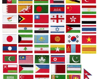 Country Flags Asia - Iron on Patches - Japan, China, Vietnam, Cambodia, Taiwan, Hong Kong, Thailand, India, Malaysia, Singapore, Korea