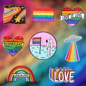 Iron on Patch Rainbow Flag Astronaut LGBT Pride Love Heart Patches Gay UFO Saturn Stars Planet Embroidery Patches for Clothing Sticker Badge