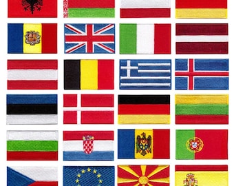 Country Flags Europe - Iron on Patches - France, Germany, United Kingdom, Spain, Portugal, Albania, Macedonia, Greece, Serbia