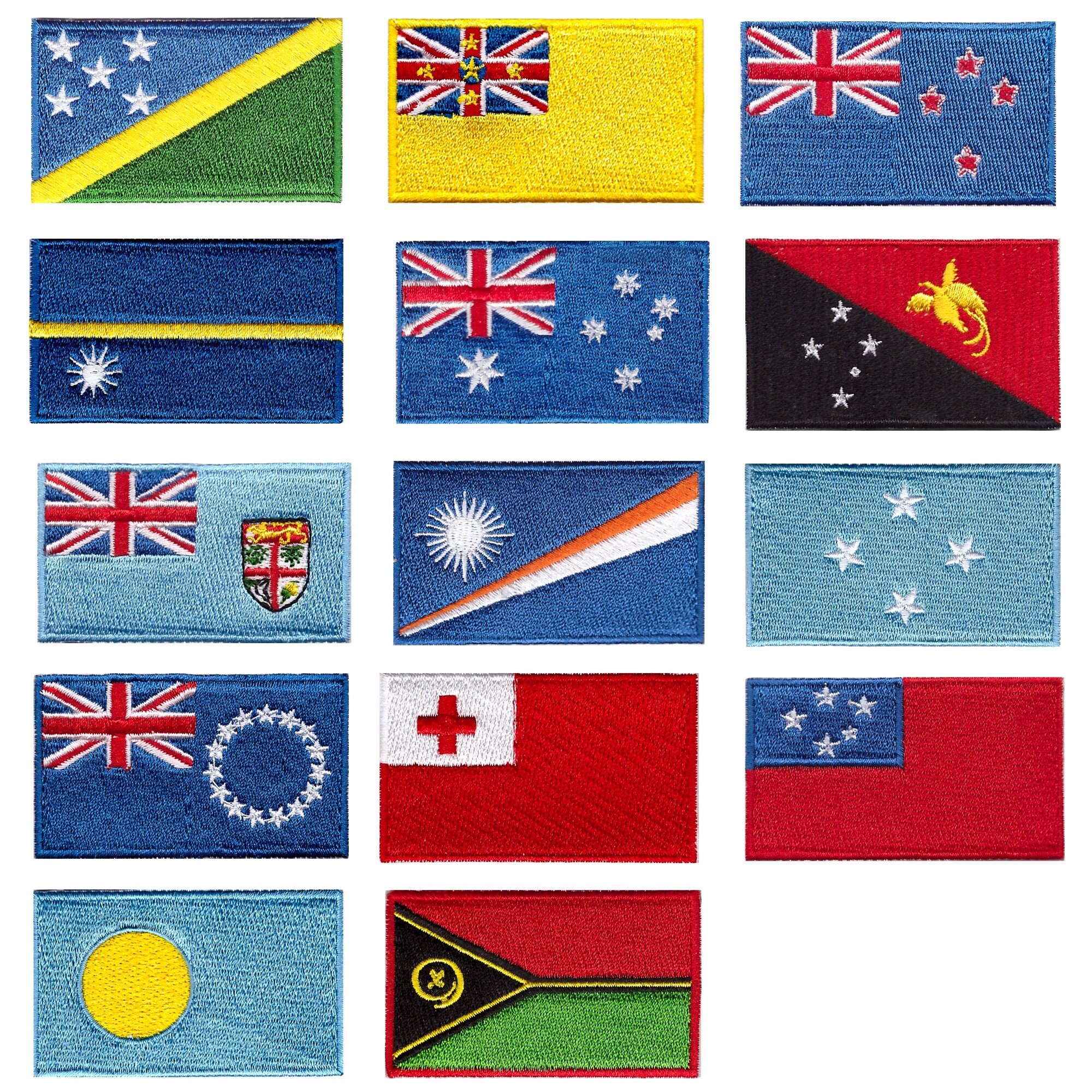 Country Flags OCEANIA - Iron on Patches - Australia, New Zealand, Samoa, Tonga, Vanuatu, Papua New Guinea, Cook Islands, Fiji