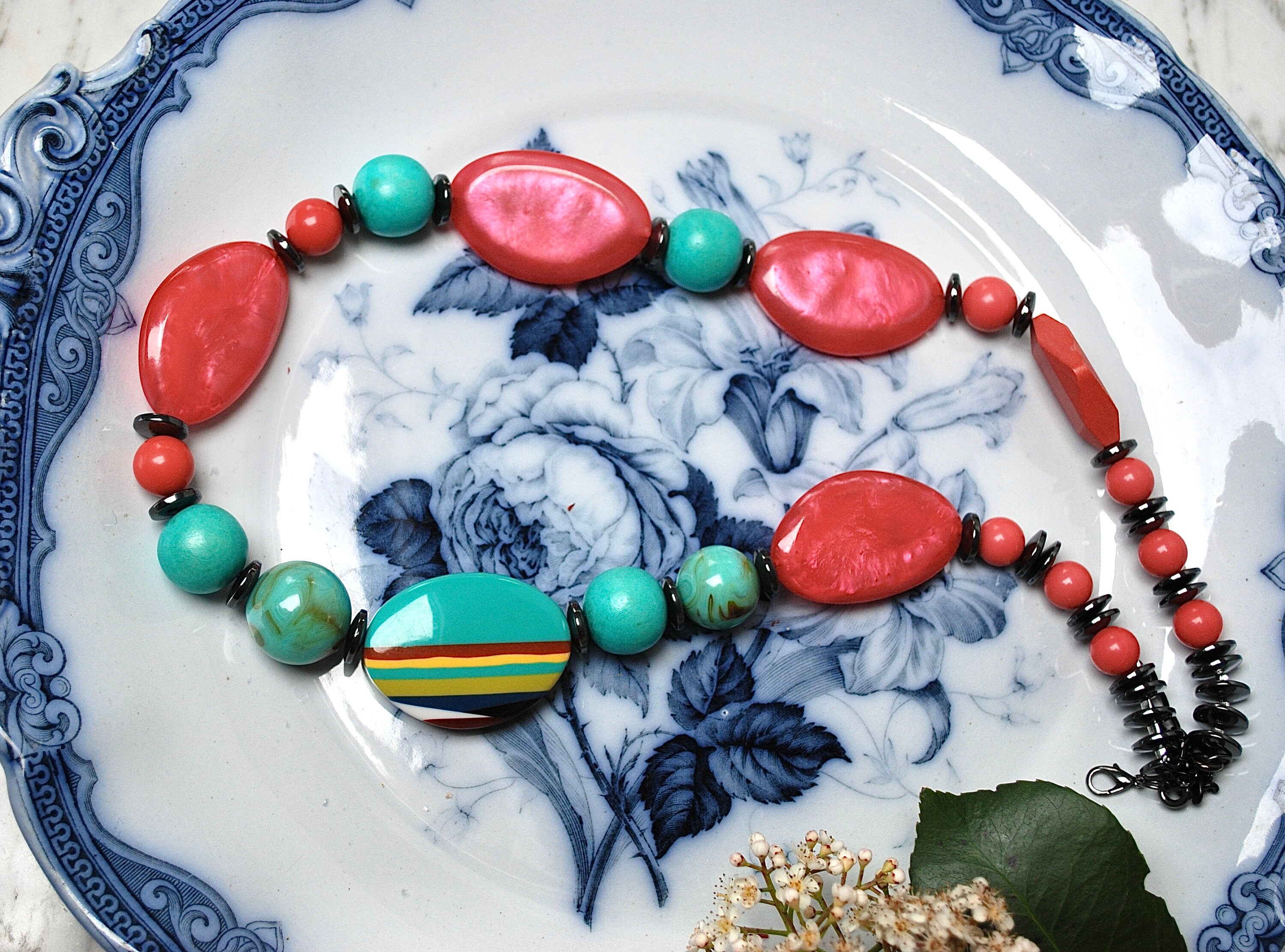 Statement Necklace From Large Vintage Lucite Beads  Vintage Statement Necklace Lot Turquoise Lucite Bead Chunky Fashion Jewelry Boho main image 0