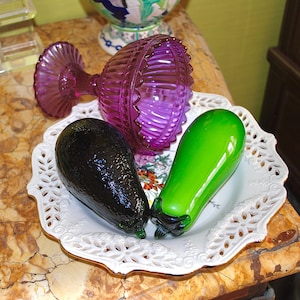 Large handblown glass vegetables in Murano style: avocado and a green aubergine realistically done