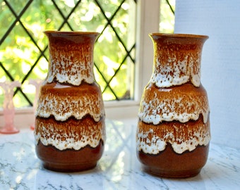 Vintage West Germany ceramic pair of vases in yellow ochre and extraordinary milky texture