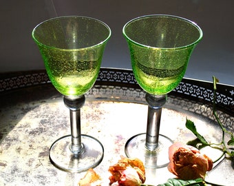 Vintage Handblown Green Glass Goblets, Bubbled Design, Pair