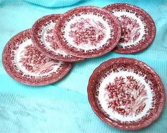 Vintage Staffordshire Salladstallrikar och Skål, Rosa Transferware