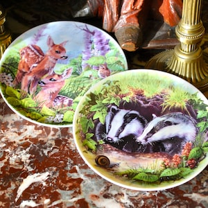 Wedgwood pair of vintage display plates depicting wild animals from a collection by Dorothy Wallace in &#39;Woodland Glades&#39;