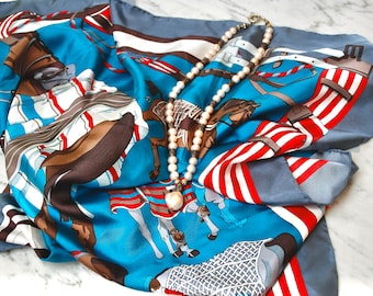 Equestrian Silk Scarf, Marine Blue Horse Print, Ladies Ascot Style