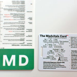 Op de afbeelding: Een witte plastic kaart met de tekst "The Medvitals Card" erop gedrukt. De kaart is verdeeld in secties met medische termen en afkortingen, waaronder "Na", "K", "Cl", "HCO3", "Urea", "Cr", "Glu (random)", "Hgb", "Ca (total)", "Mg", "WBC", "Pits", "PO2", "ST", "LT", "LP" en "A". De kaart bevat ook een sectie voor "Differentiaaldiagnosen (Vitamine CDE)" en een sectie voor "Veelvoorkomende medicijnen op de afdeling".