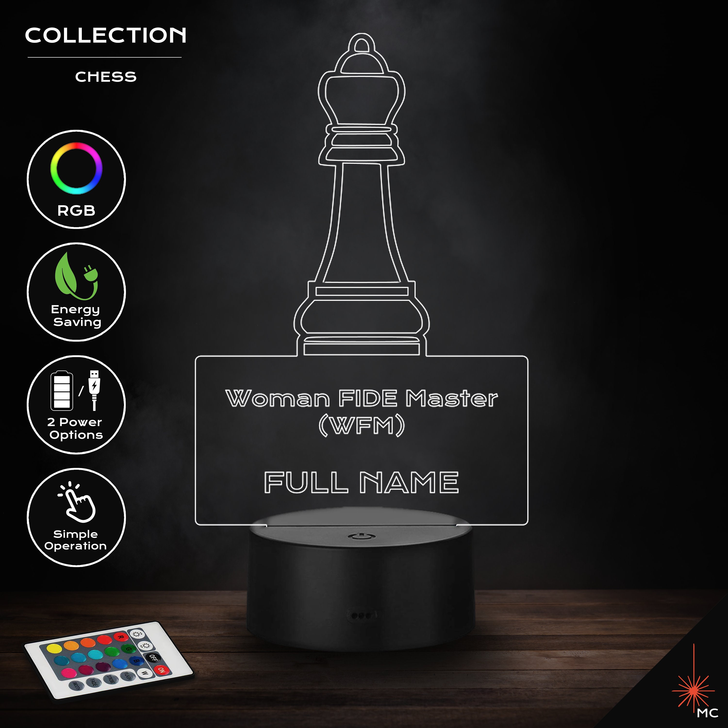 LED Desk Lamp Women FIDE Master WFM Full Name chess 3D 