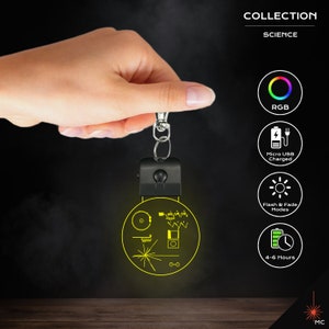 Puede incluir: Un llavero negro con un disco redondo, amarillo e iluminado que presenta un gráfico del disco de oro de Voyager. El disco se ilumina en varios colores y tiene varios modos de flash y fundido. El llavero es recargable por micro USB y tiene una duración de la batería de 4 a 6 horas.