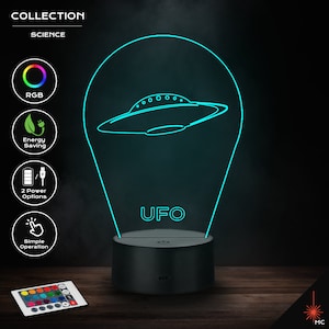 May include: A black and blue 3D printed UFO night light with a remote control. The light has a white base and a clear acrylic panel with a UFO design. The remote control has 16 different color options.