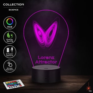 May include: A pink and white 3D printed lamp shaped like a light bulb with a graphic of the Lorenz Attractor, a chaotic system in mathematics. The lamp has a black base and a remote control with multiple color options. The text "Lorenz Attractor" is printed on the lamp.