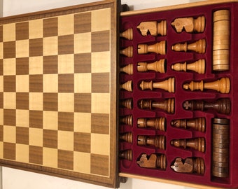 Wood Chess set with Chess board. Portable Chess set with drawer.