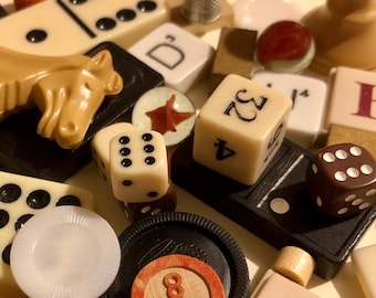 40 Vintage Game Pieces. Pawns, players and dice from classic games. 10 vintage game cards.