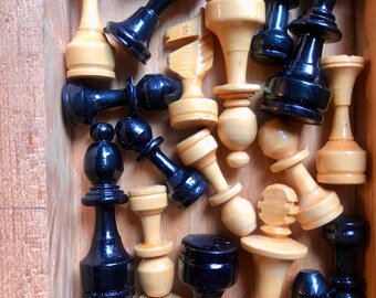 Hand Carved Wood Chess Set in Wooden Box that opens into a Chessboard.