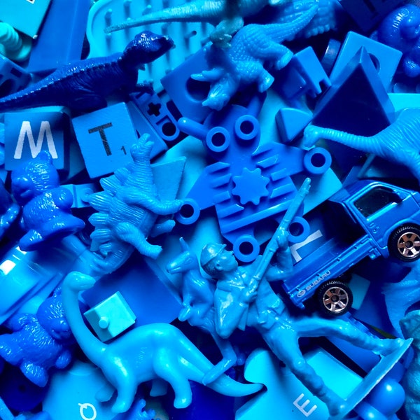 Blue Found Objects. Small items, Game Pieces and Tiny Toys for Assemblage Art or Crafts