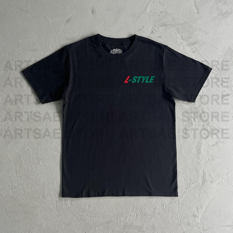 May include: Black t-shirt with a green and red "L-STYLE" graphic on the front.