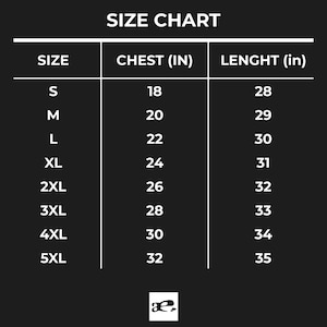 May include: Size chart for clothing with chest and length measurements in inches. Sizes range from S to 5XL. Chest measurements range from 18 to 32 inches. Length measurements range from 28 to 35 inches.