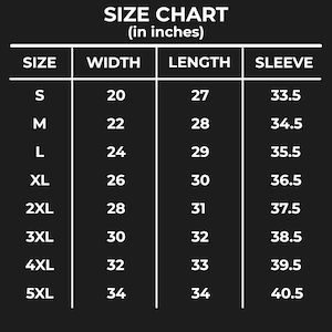 May include: Size chart for clothing in inches. The chart shows the width, length, and sleeve length for sizes S through 5XL.