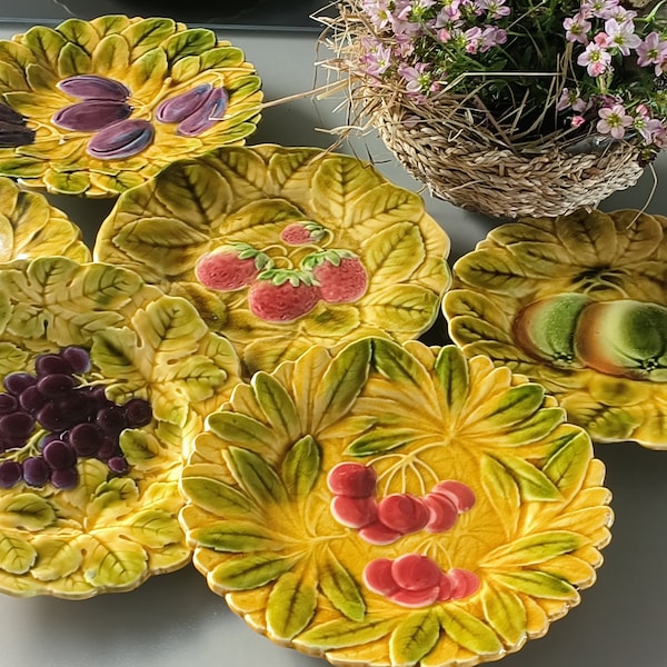 6 verschiedene Sarreguemines France BARBOTINE Majolika Dessertteller Früchtemotive 60/70iger Jahre