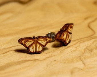 Handmade Wooden Monarch Butterfly Stud Earrings - Unique & Nature Inspired