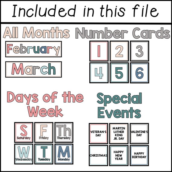 Calendar Kit for Target Calendar Pocket Chart Calm Colors Bulletin Board  Set - Etsy
