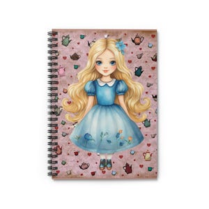 Notitieboekje met spiraalbinding, blonde pop in blauwe jurk | Gelinieerd dagboek, Alice-dagboek, Wonderland-notitieboekje
