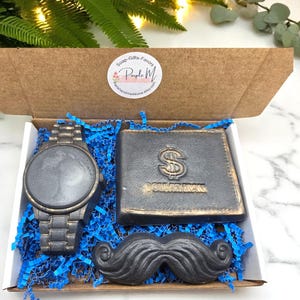 Juego de regalo de 3: jabón para billetera de cuero, reloj de pulsera, jabón para bigote, regalo para hombres, Día del Padre, abuelo, regalo de Navidad, relleno de calcetín navideño.