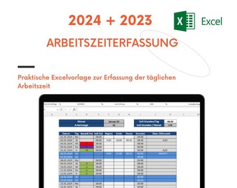 Working time recording 2024 (+2023) Excel template, time sheet, daily recording of your working hours