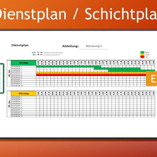 Dienstplan Excel-Vorlage - Schichtplaner im praktischen A4-Format Download