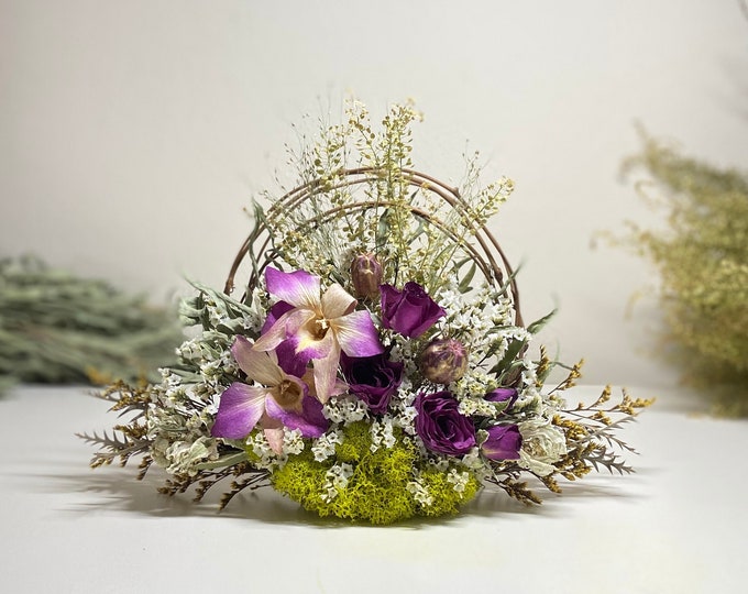 Dried Orchids and Roses Garden Wreath/Preserved /Dried flower Wreath/Preserved Moss/Dried Flowers/Home decor/ Gift