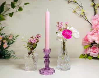 Colored Vintage Style Glass Candlestick Holder, Taper Candle, Bud Vase