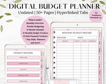 May include: A digital budget planner with pink and gold accents. The planner includes a monthly budget tracker, payment trackers, and daily planners. The text "DIGITAL BUDGET PLANNER" is at the top of the image. The text "Undated | 50+ Pages | Hyperlinked Tabs" is below the title. The text "for Goodnotes, Noteshelf, etc." is in the top right corner of the image.