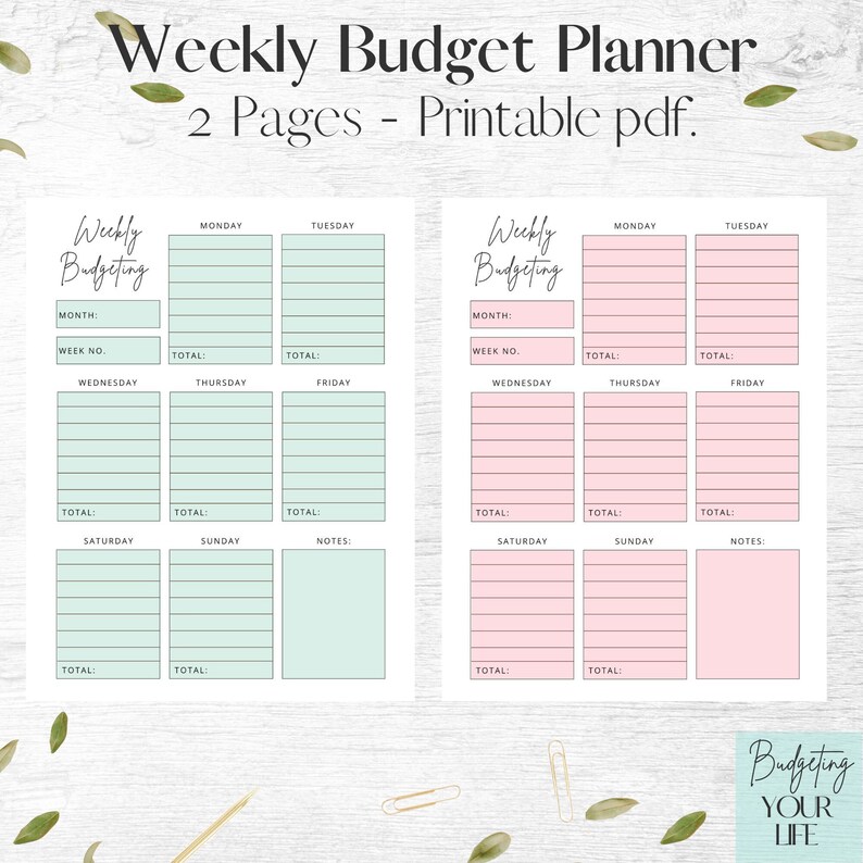Peut inclure: Planificateur de budget hebdomadaire imprimable avec deux pages. Le planificateur a un sch&eacute;ma de couleurs vert clair et rose. Le planificateur comporte des sections pour chaque jour de la semaine, avec de l'espace pour les notes et les totaux.
